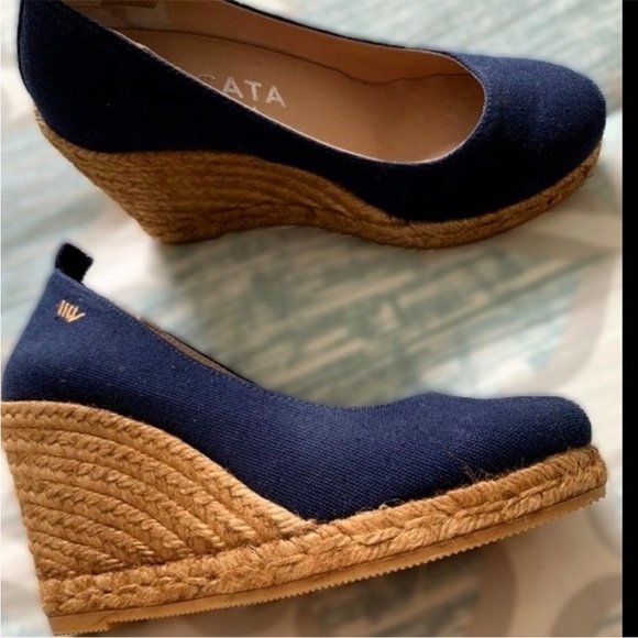 Viscata Barcelona Marquesa Navy Blue Canvas Espadrille Wedge Shoes, 7 - Picture 1 of 10